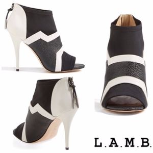 LAMB Black White Neoprene Open Toe Ankle Bootie